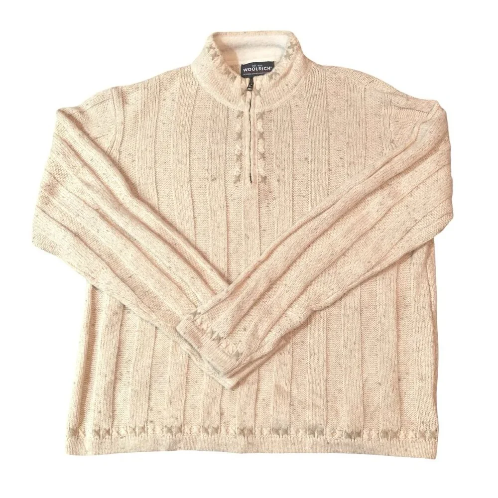 Woolrich Cross Stitch Wool Ramie Sweater Size M Ecru 1/4 Zip Boho Cottagecore